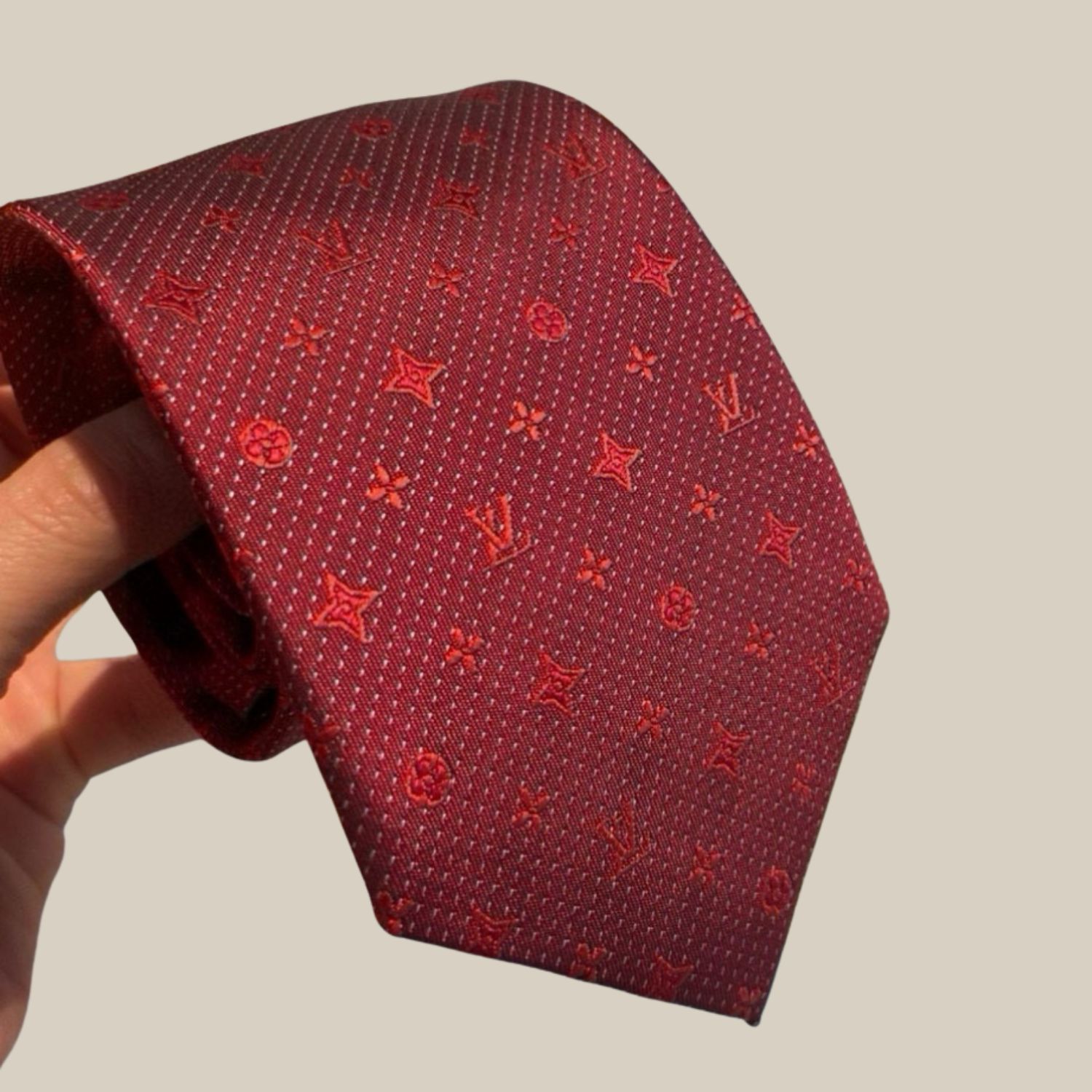 Louis Vuitton Signature Monogram Silk Tie Deep Crimson Red For Men