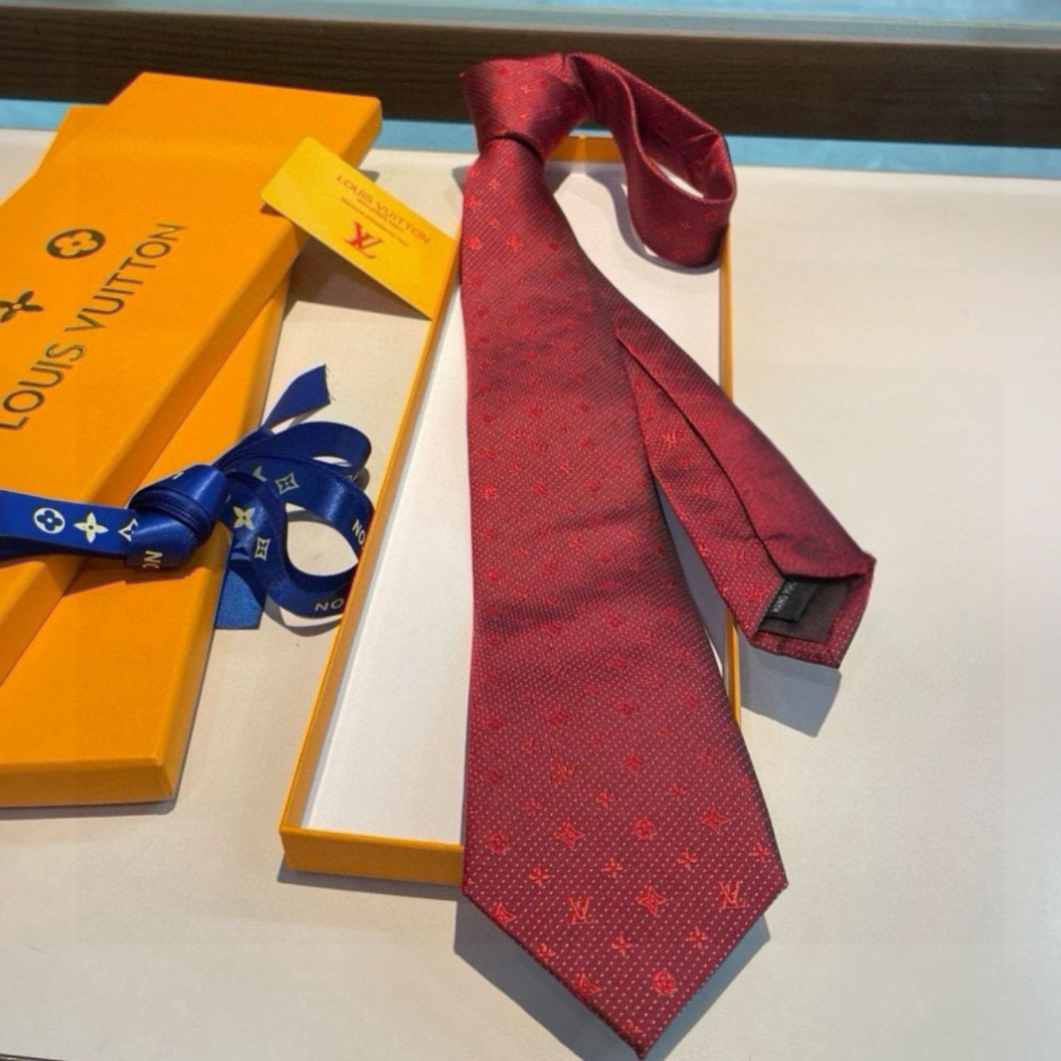 Louis Vuitton Signature Monogram Silk Tie Deep Crimson Red For Men