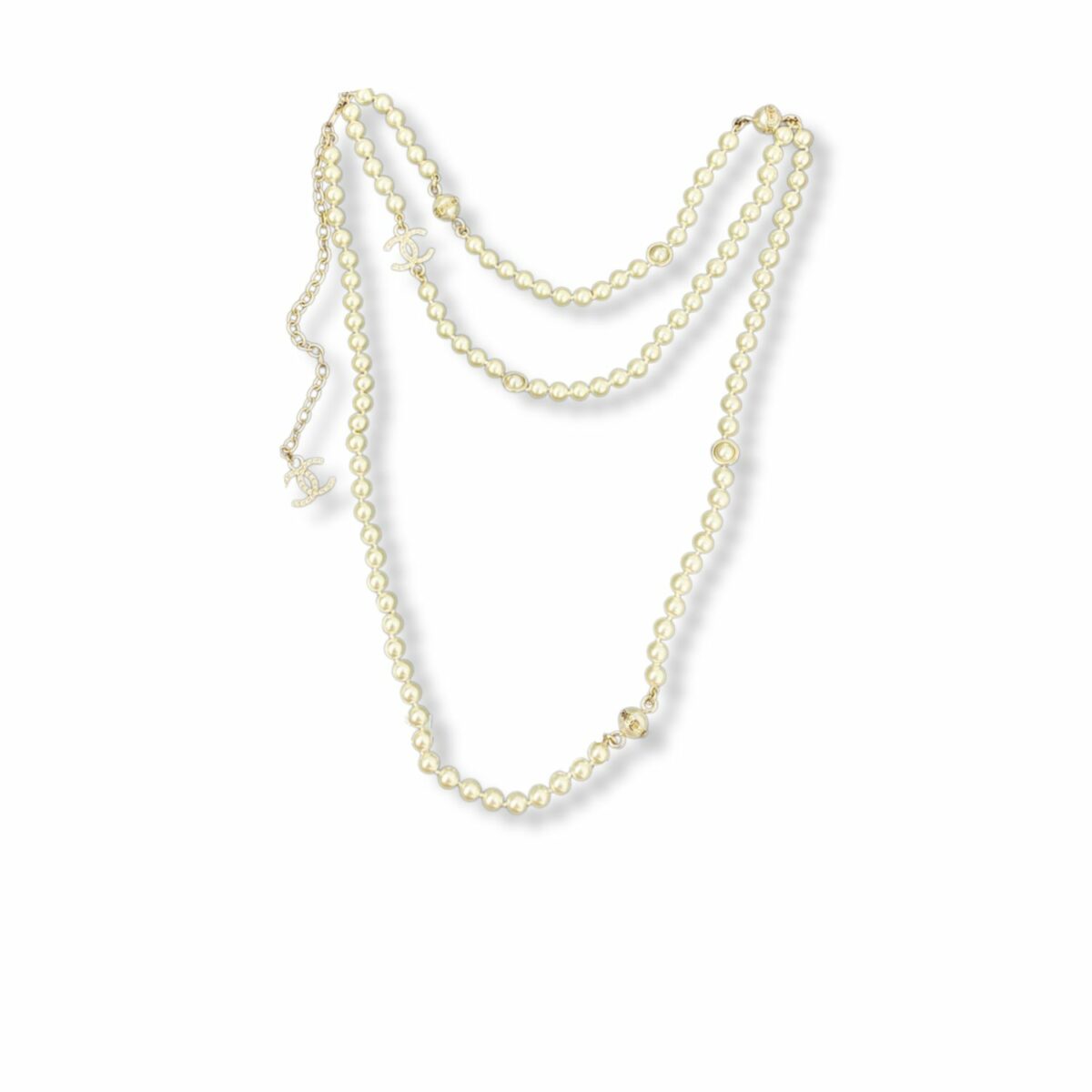 Chanel Double-Layer Pearl Chain With Logo Charms For Women
