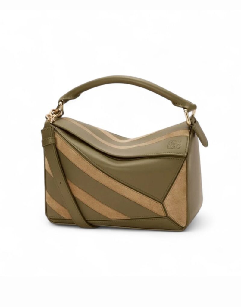 Loewe Small Puzzle Bag Olive Suede For Women 9.4in/24cm A510S21XCE