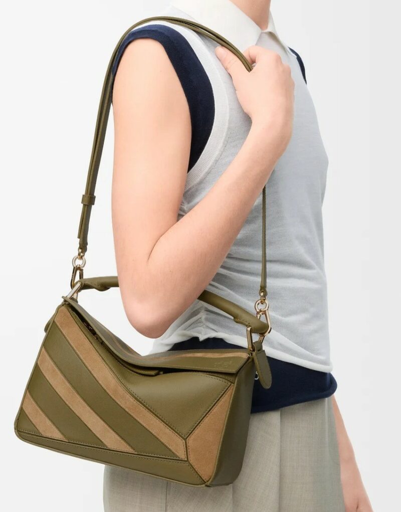 Loewe Small Puzzle Bag Olive Suede For Women 9.4in/24cm A510S21XCE