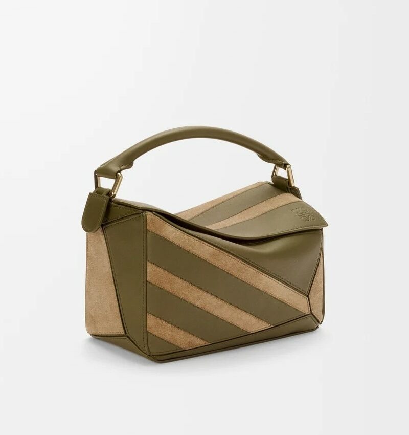 Loewe Small Puzzle Bag Olive Suede For Women 9.4in/24cm A510S21XCE