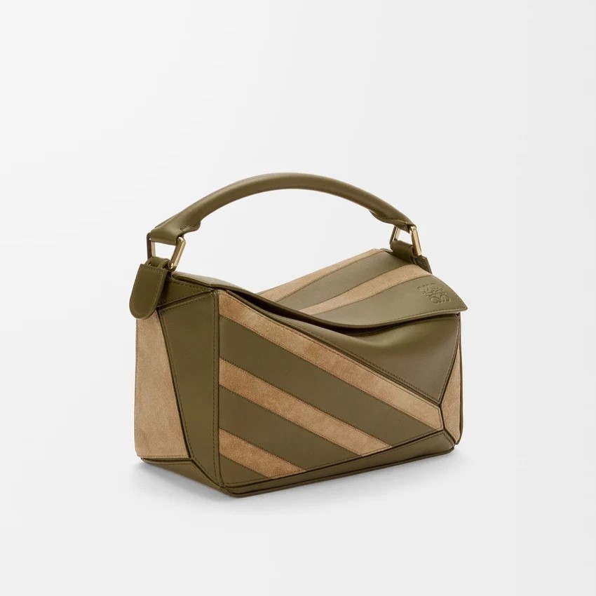 Loewe Small Puzzle Bag Olive Suede For Women 9.4in/24cm A510S21XCE