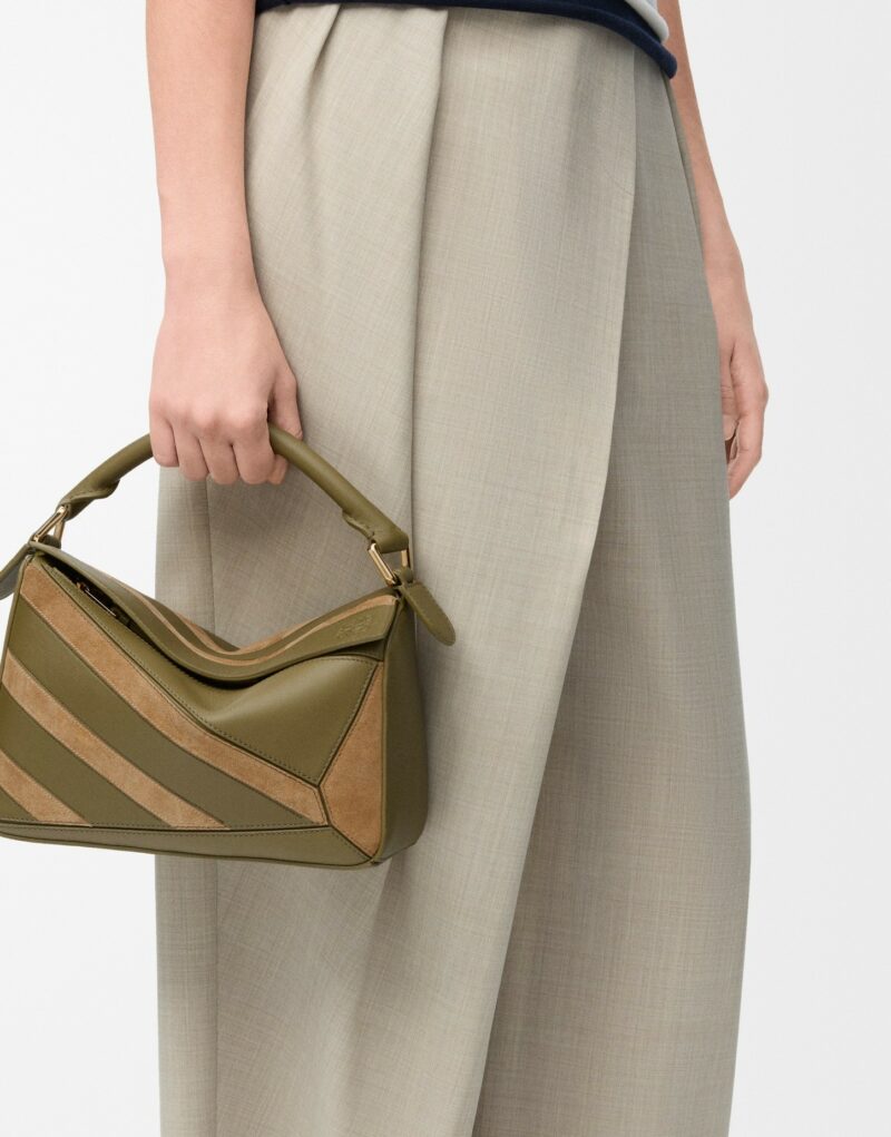 Loewe Small Puzzle Bag Olive Suede For Women 9.4in/24cm A510S21XCE