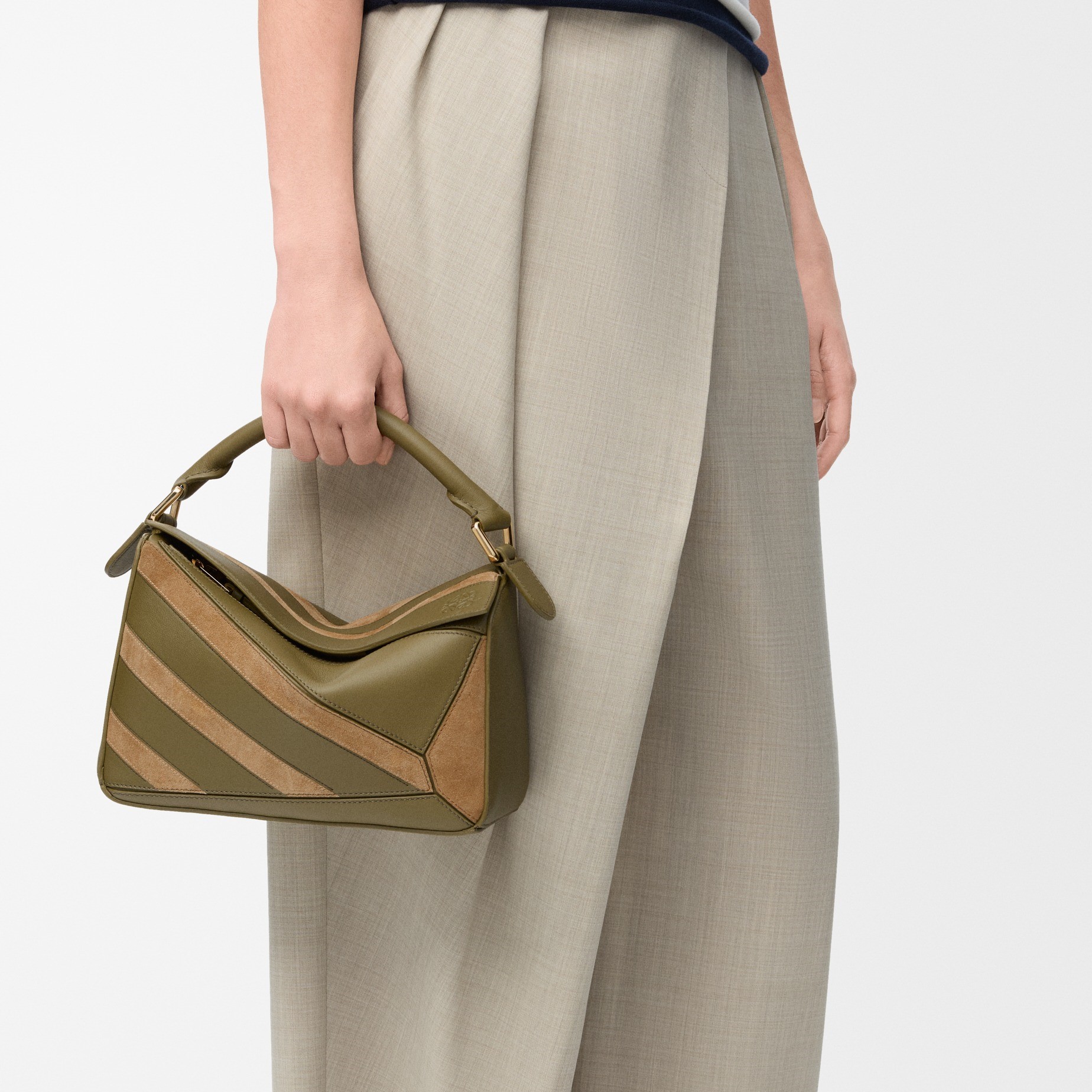 Loewe Small Puzzle Bag Olive Suede For Women 9.4in/24cm A510S21XCE