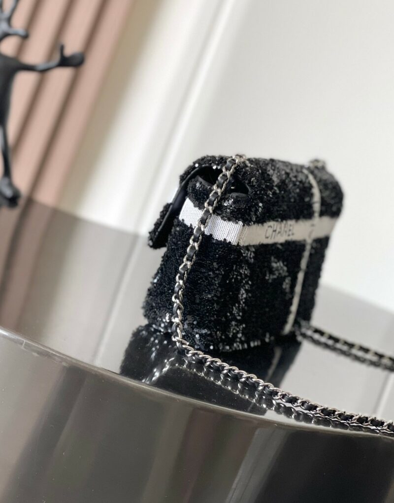 [True-to-ORIGINAL] Chanel Sequin Bow Mini Flap Bag Black For Women 7.9in/20cm