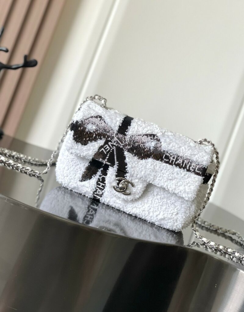 [True-to-ORIGINAL] Chanel Sequin Bow Mini Flap Bag White For Women 7.9in/20cm