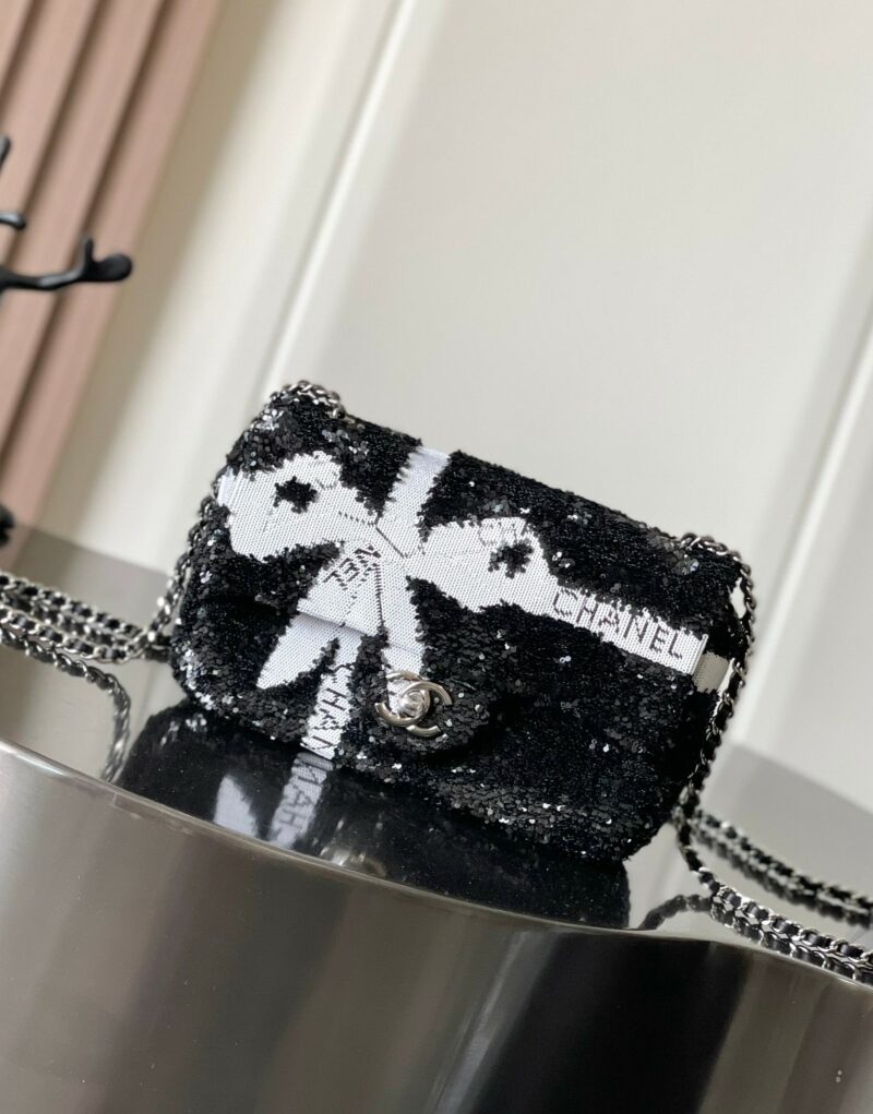 [True-to-ORIGINAL] Chanel Sequin Bow Mini Flap Bag Black For Women 7.9in/20cm