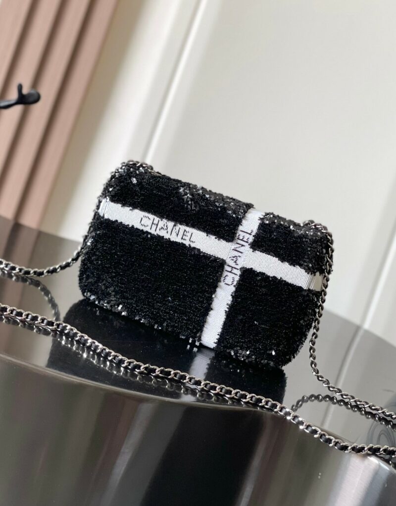 [True-to-ORIGINAL] Chanel Sequin Bow Mini Flap Bag Black For Women 7.9in/20cm