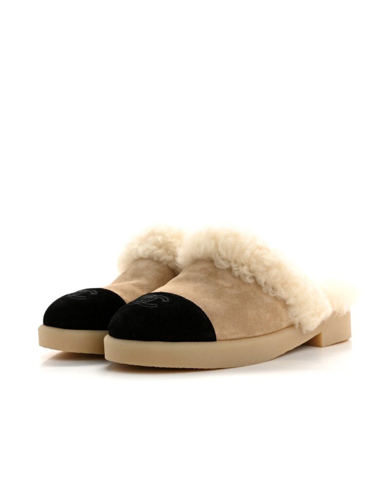 Chanel Shearling Two-Tone Mules Beige/Black For Women