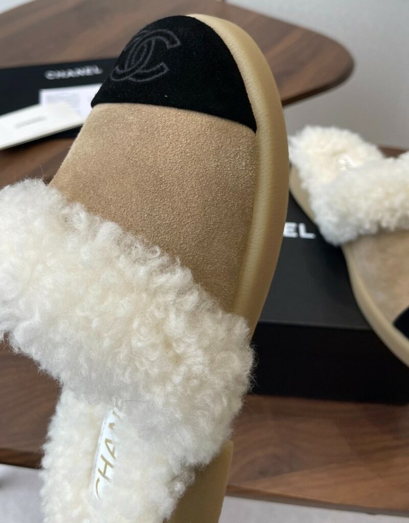 Chanel Shearling Two-Tone Mules Beige/Black For Women