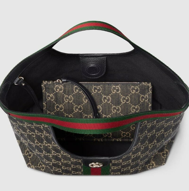 [True-to-ORIGINAL] Gucci Giglio Small Tote Bag Black And White GG Denim For Women 9.8in/25cm ‎860845 FAFYU 1155