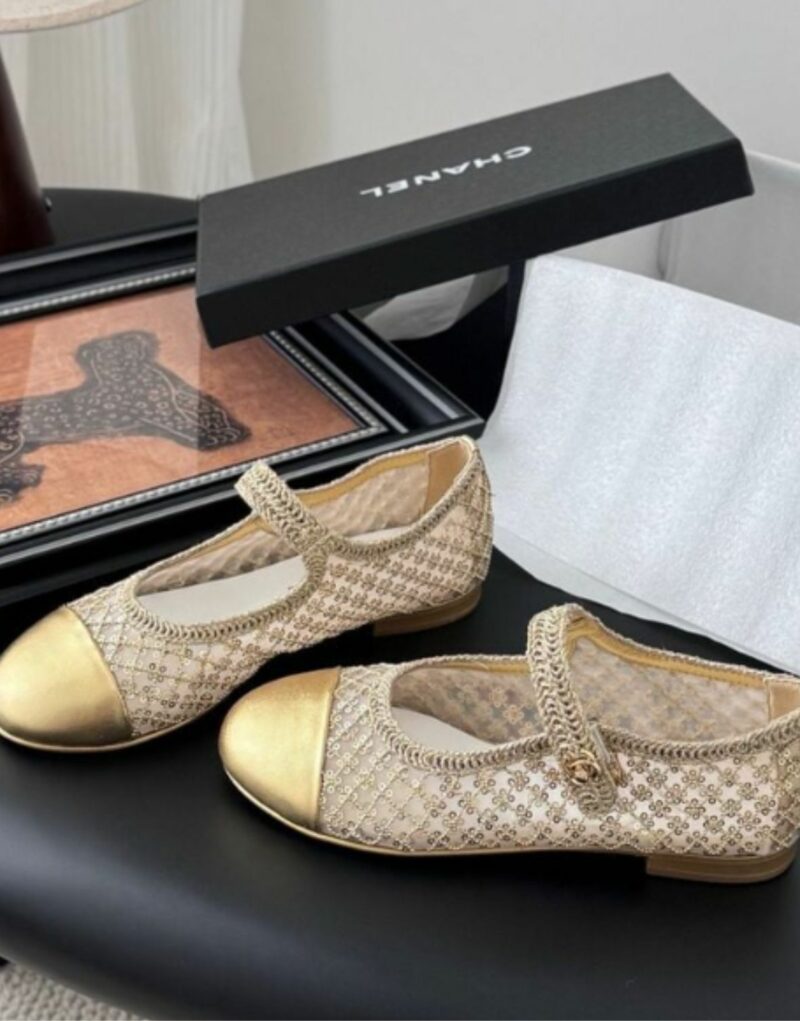 Chanel Gold Mesh Mary Jane Flats For Women