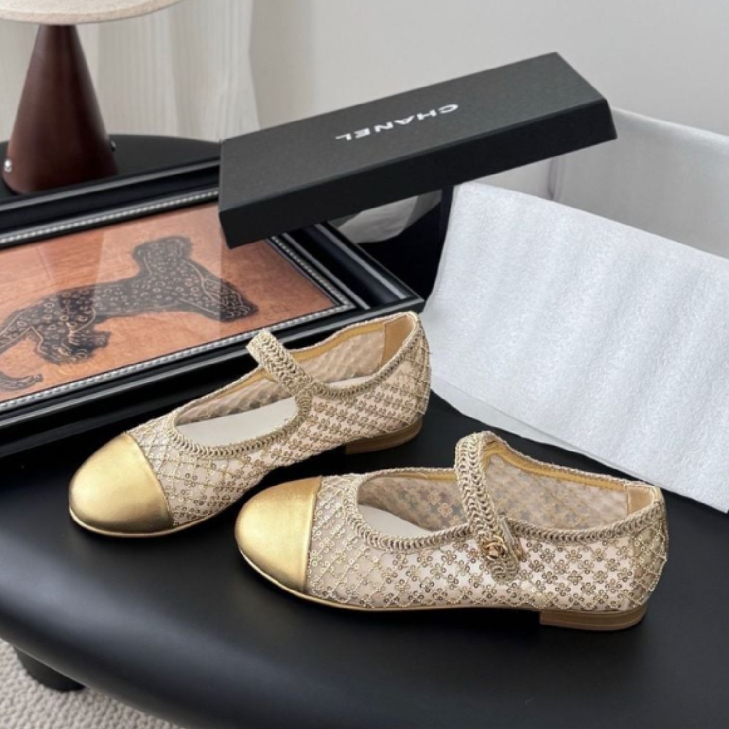 Chanel Gold Mesh Mary Jane Flats For Women
