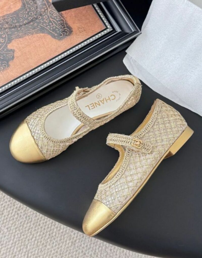 Chanel Gold Mesh Mary Jane Flats For Women