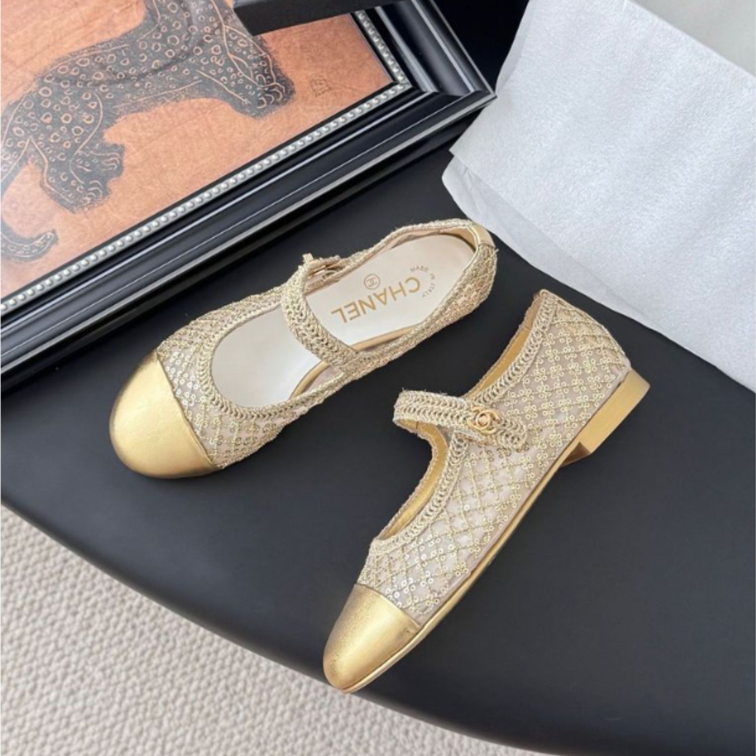 Chanel Gold Mesh Mary Jane Flats For Women