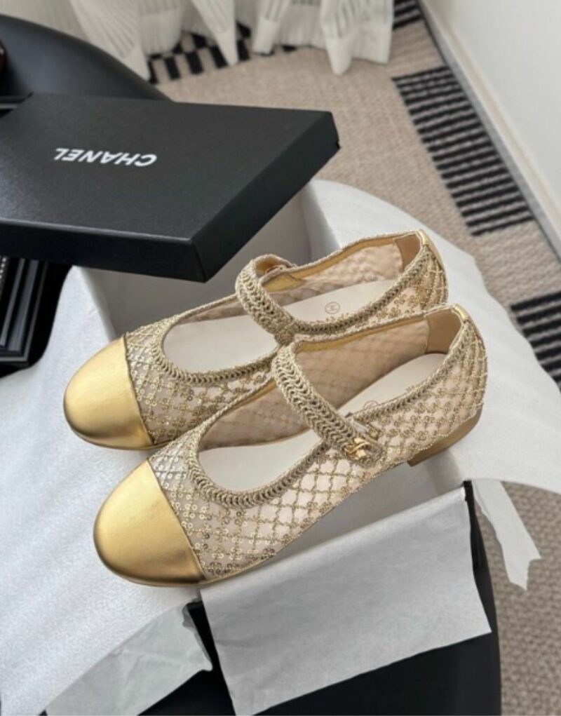 Chanel Gold Mesh Mary Jane Flats For Women