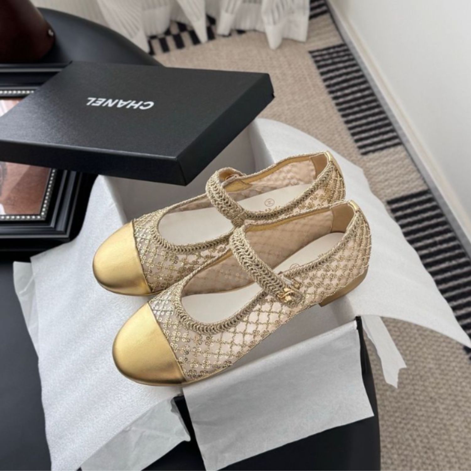 Chanel Gold Mesh Mary Jane Flats For Women