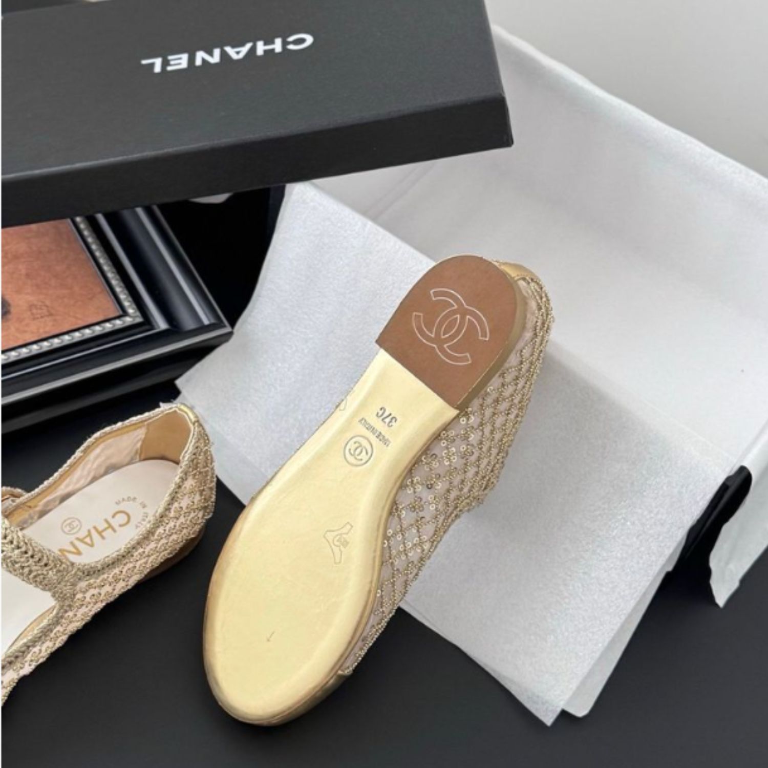 Chanel Gold Mesh Mary Jane Flats For Women