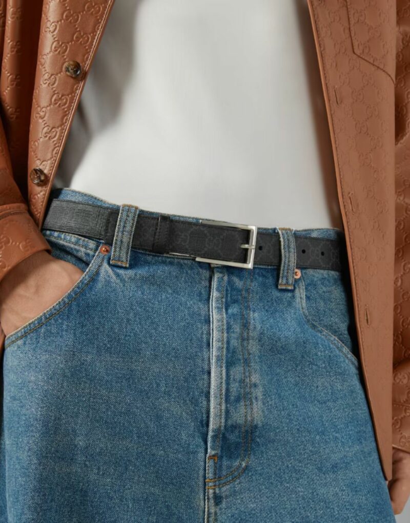 Gucci Reversible With Rectangular Buckle Belt Black Silver-toned Hardware For Men 3cm/1.2in - 771105 BTTAN 1000