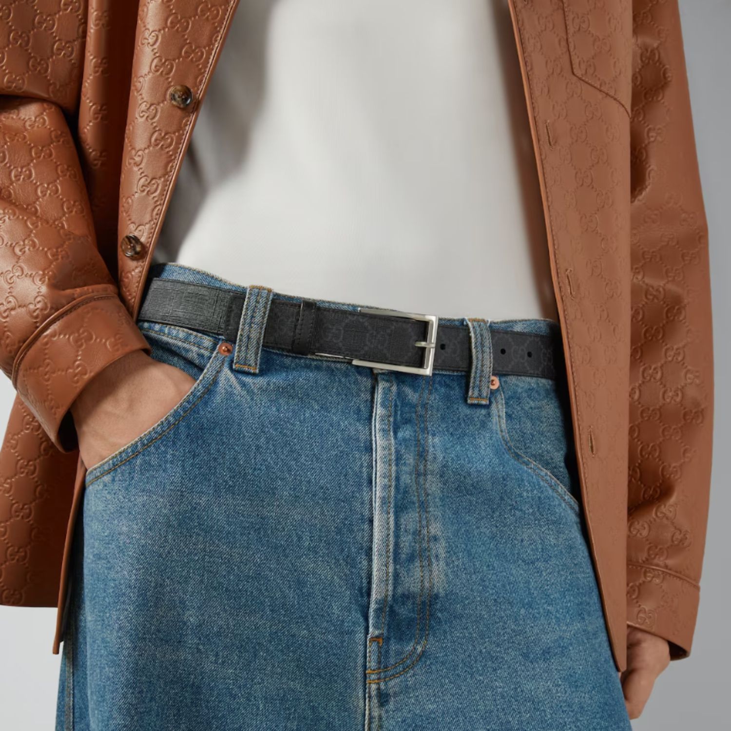 Gucci Reversible With Rectangular Buckle Belt Black Silver-toned Hardware For Men 3cm/1.2in - 771105 BTTAN 1000