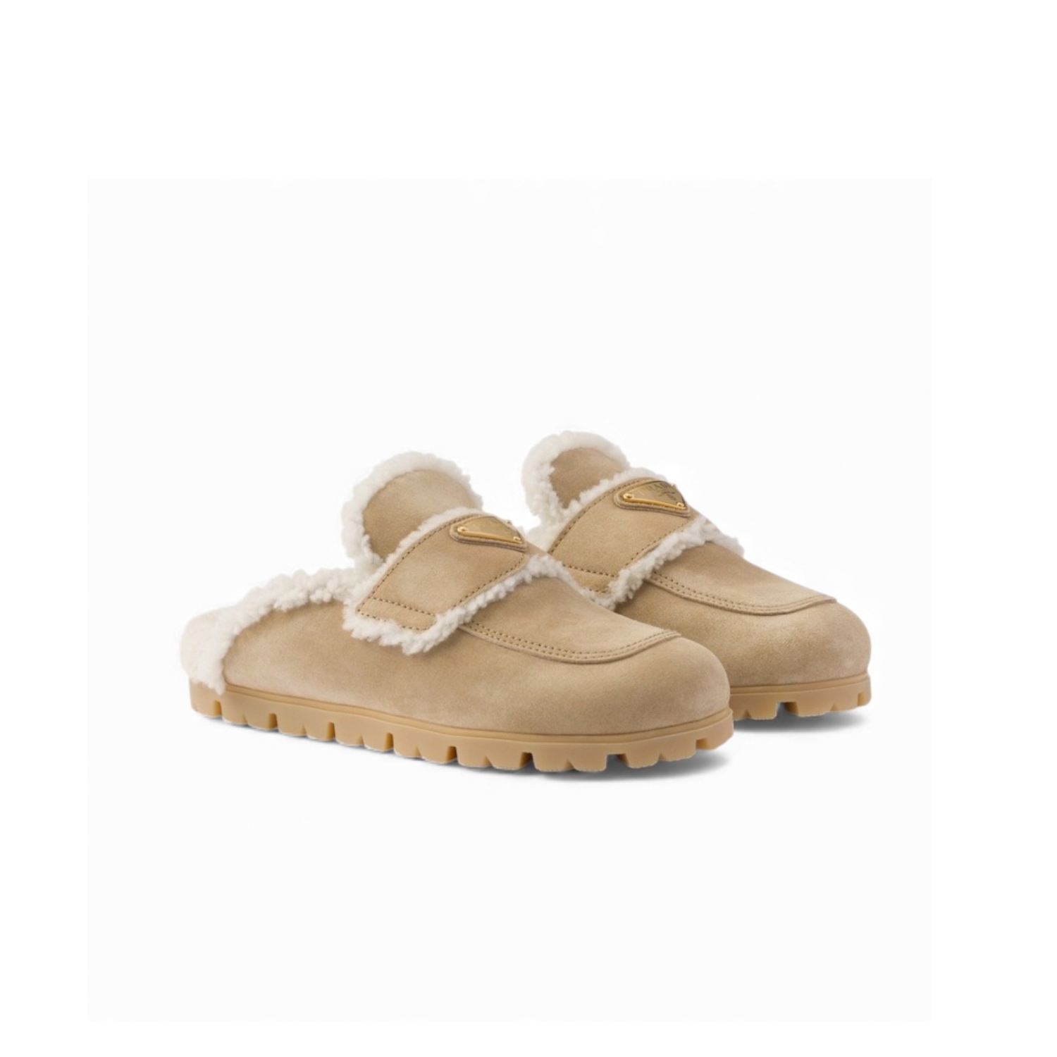 Prada Suede And Shearling Slippers Ecru For Women 1S711M_X0O_F0379_F_ZG20