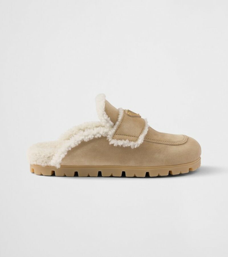 Prada Suede And Shearling Slippers Ecru For Women 1S711M_X0O_F0379_F_ZG20