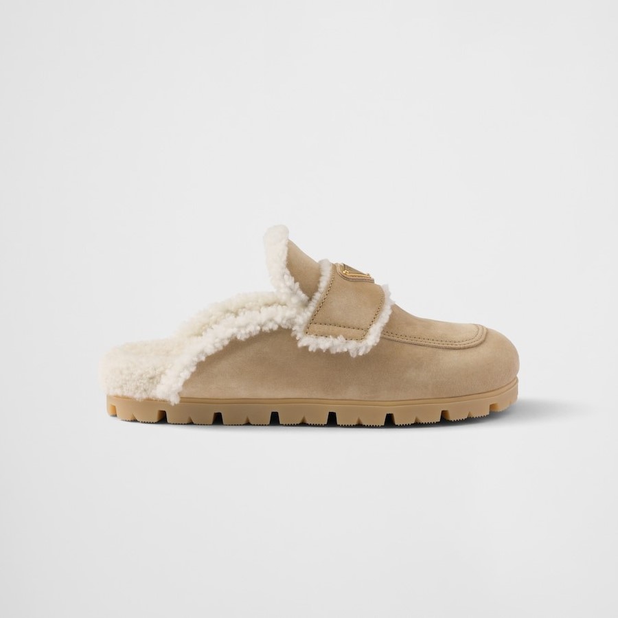 Prada Suede And Shearling Slippers Ecru For Women 1S711M_X0O_F0379_F_ZG20