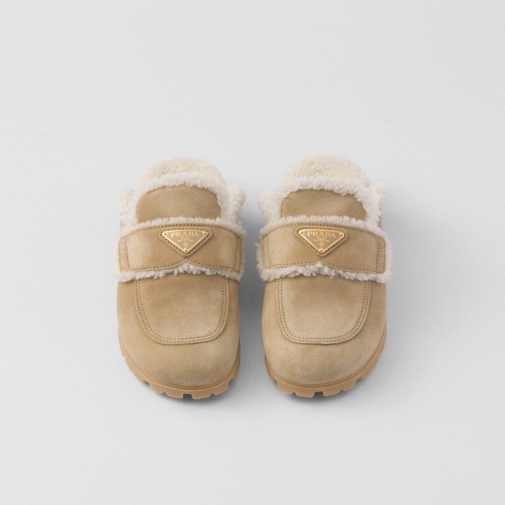 Prada Suede And Shearling Slippers Ecru For Women 1S711M_X0O_F0379_F_ZG20