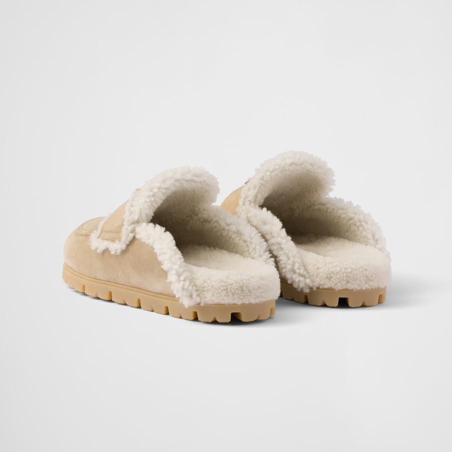 Prada Suede And Shearling Slippers Ecru For Women 1S711M_X0O_F0379_F_ZG20