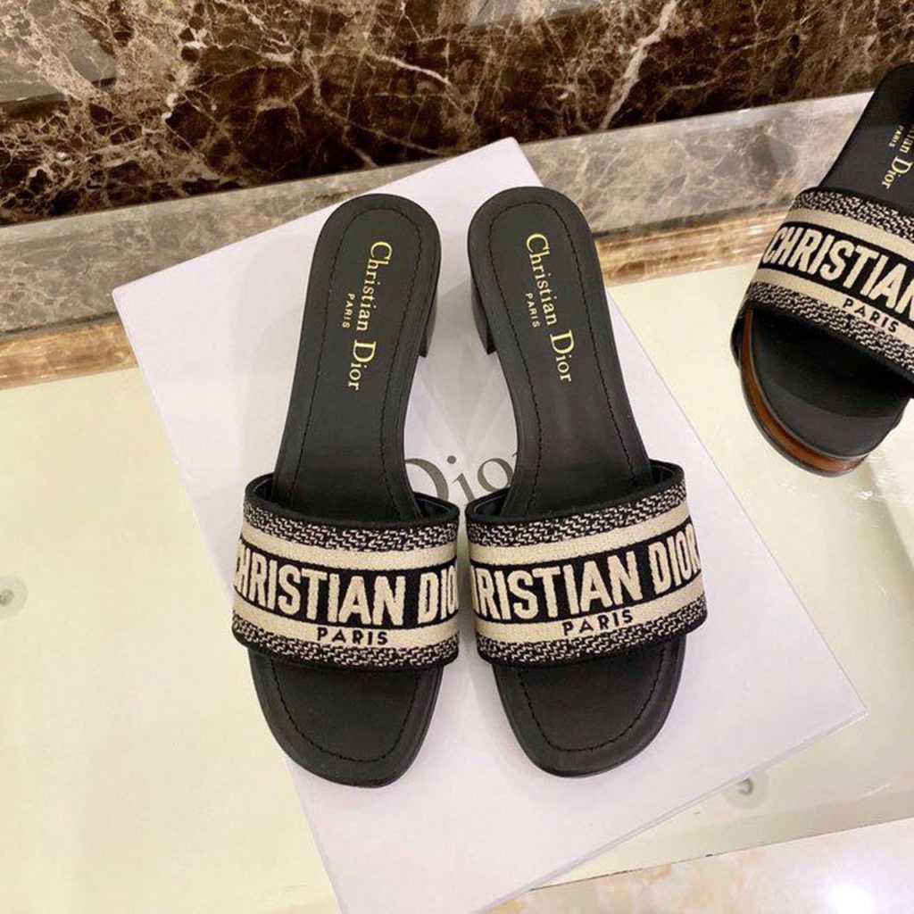 Christian Dior Dway Heeled Slide Deep Black Embroidered Cotton Deep For Women CD KCQ244ERC_S56B