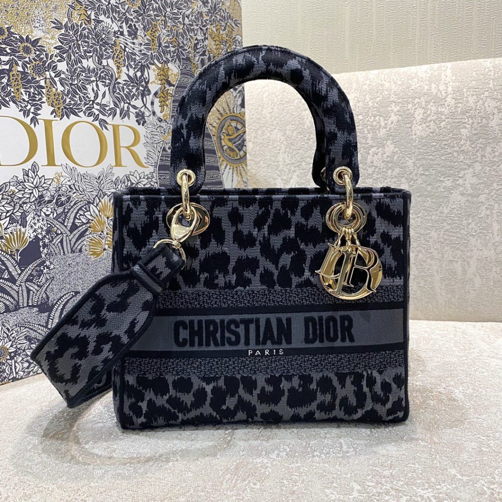Christian Dior Medium Dior Lady D-Lite Bag Blue and Black Mizza Embroidery, Blue and Black, For Women Women's Handbags, Crossbody Bags, 24cm CD M0565ORHM_M962