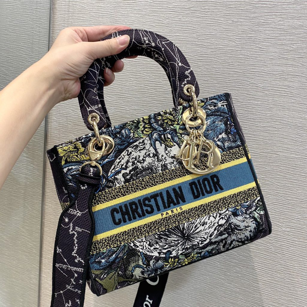 Christian Dior Medium Lady D-Lite Bag Dior Constellation Embroidery, Blue, For Women Women's Handbags, Crossbody Bags, 24cm CD M0565ORHP_M928
