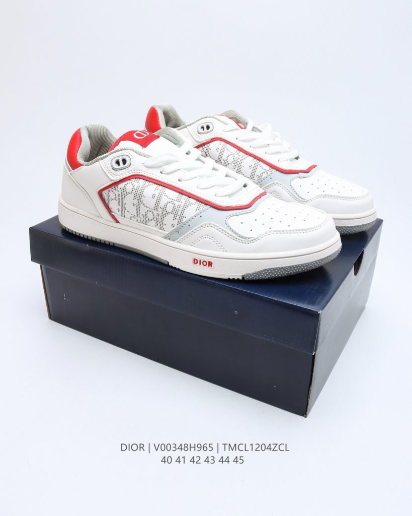 Dior Low Top Sport Shoes White Dior Oblique and Red Border For Men, Men's Shoes