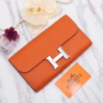 Hermes Constance Togo Long Wallet 20cm/7.9in Silver Toned Hardware For Women Orange