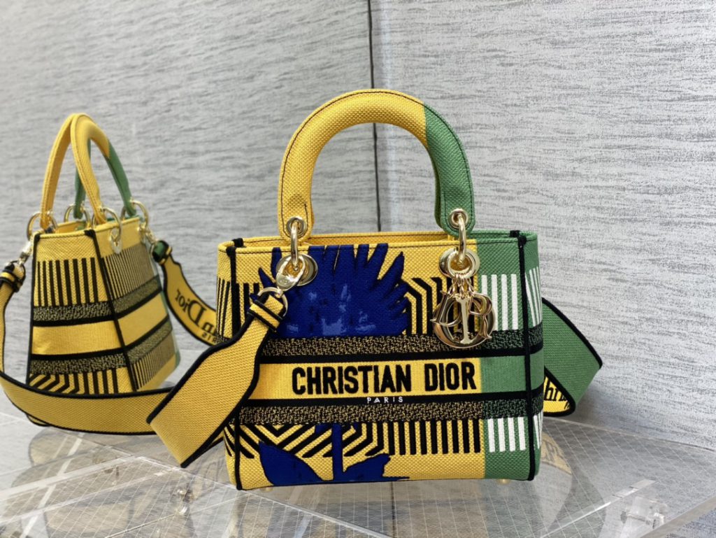 Christian Dior Medium Lady D-Lite Bag D-Flower Pop Embroidery, Bright Yellow/Green, For Women Women's Handbags, 24cm CD M0565OROO_M886