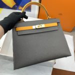 Hermes Kelly 28 Sellier Epsom Dark Grey/Yellow Bag For Women, Women's Handbags, Shoulder Bags 11in/28cm