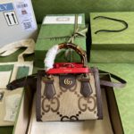 Gucci Diana Jumbo GG Mini Tote Bag Camel And Ebony Jumbo GG Canvas Brown For Women 7.9in/20cm 655661 UKMFT 2672