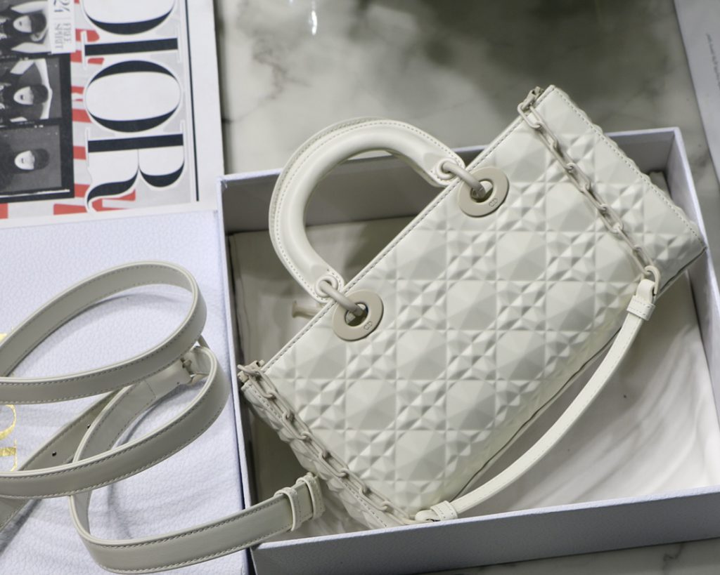Christian Dior Lady D-Joy Bag White Macrocannage Technical Fabric, White, For Women Women's Handbags, 26cm CD M0540OTID_M933