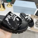 Prada Logo Detailed Sequin Slides Black For Women 1.4in/35mm PRD 1XX603F020959