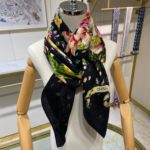 Dior Silk Cashmere Square Multicolor Flower in Black Scarf 140cm/55in