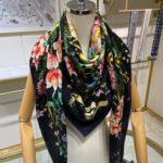 Dior Silk Cashmere Square Multicolor Flower in Black Scarf 140cm/55in