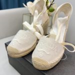 Prada Linen Espadrille Wedge Sandals White For Women 3.5in/90mm PRD