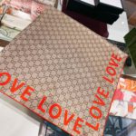 Gucci GG 'Love' Print silk Beige and Red Scarf 90cm/35in ‎681907 3G001 9774