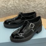 Prada Brushed Mary Jane T-strap Shoes Shiny Black For Women 2in/50mm PRD