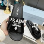 Prada Logo Detailed Sequin Slides Black For Women 1.4in/35mm PRD 1XX603F020959