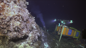 The high definition camera lights up a highly active black smoker chimlet in front of the ~ 3 m tall Mushroom edifice. UW/NSF-OOI/WHOI, V24.