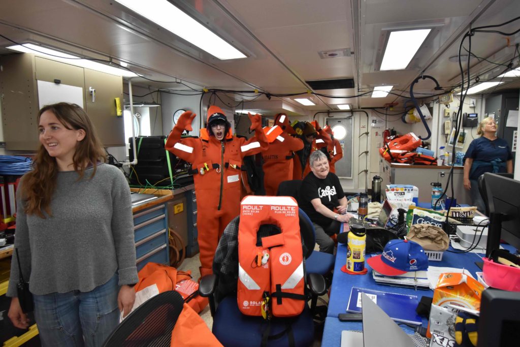 Successful donning of immersion suits on Leg 2. Credit: M. Elend, University of Washington, V25.
