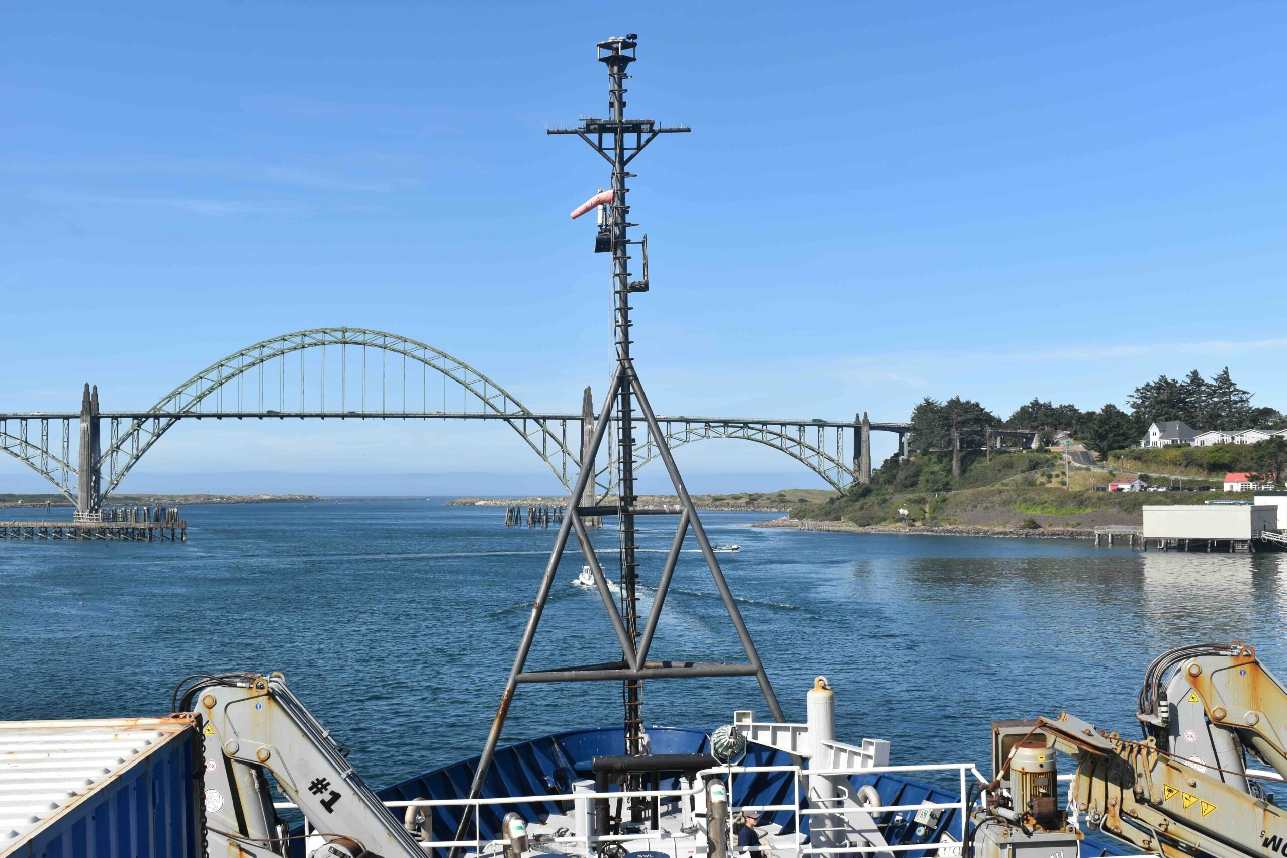 The R/V Revelle transiting out of Yaquina Bay about to head out into the NE Pacific at the start of VISIONS'26. Credit: M. Elend, University of Washington, V26.