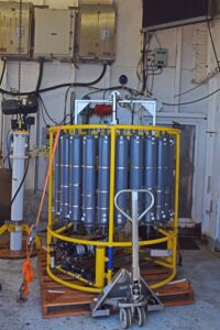 The CTD rosette. Credit: I. Fatland, Cornell University; V26.